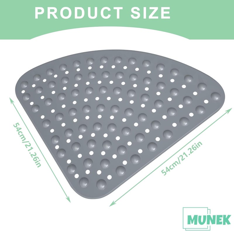 MUNEK Corner Shower Mat Non Slip,21 * 21 Inches,Curved for Shower or Tub, Safety Mat with Drain Hole,Corner Shower Mats for Inside Shower,Machine Washable (Grey) - Image 2
